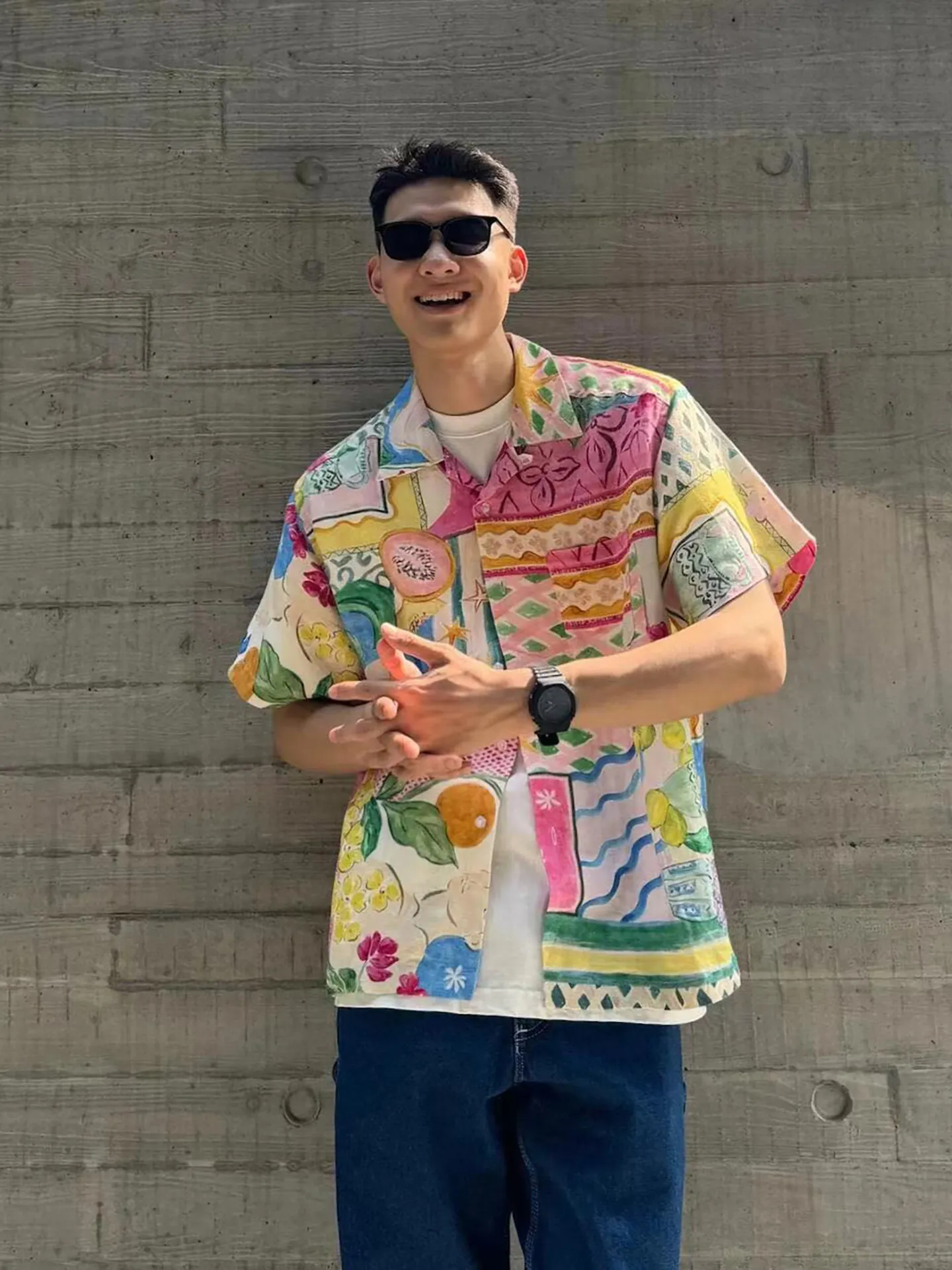 Retro Hong Kong Style Oil Painting Short Sleeve Flower Shirt Loose Summer Hawaii Sanya Casual Breathable Men's Shirt Top