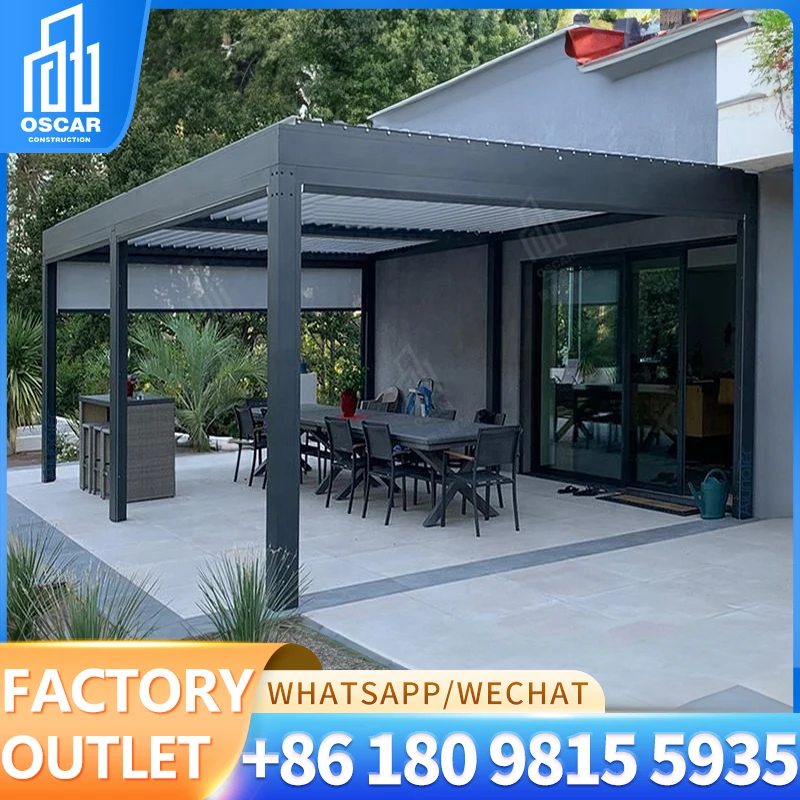 

Outdoor Furniture Electric Roof Waterproof Opening Louvre Aluminum Pergola with Outdoor Table Chair