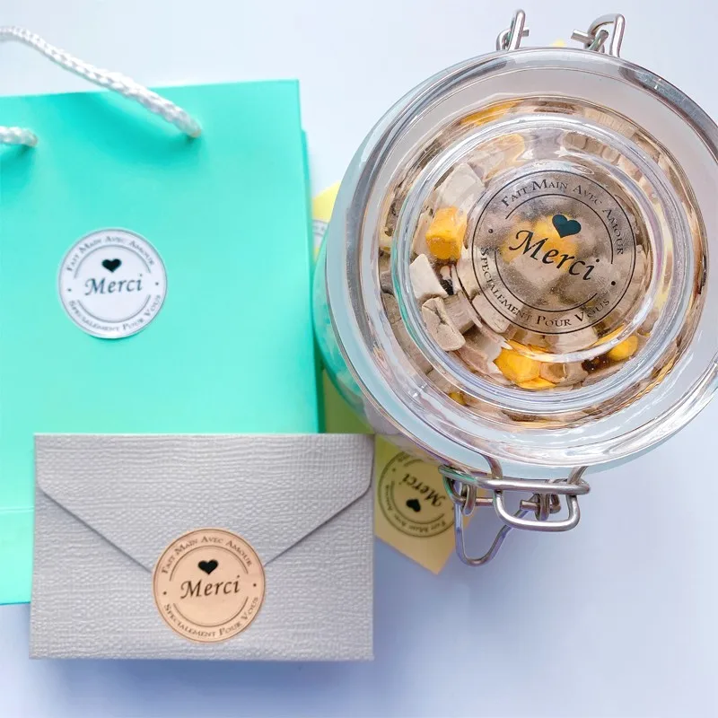 100 قطعة جولة الإسبانية MERCI الإيمان الرئيسي AVEC AMOUR هدية الزفاف لاصق سجل القصاصات الخبز الكوكيز DIY بها بنفسك اليدوية 3.5 سنتيمتر #5