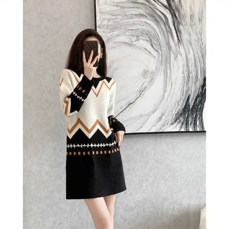 2024 Autumn Winter New All-match Temperament Knitting Sweater Dresses Interior Lapping Vintage Dress Ladies Loose Casual Dresses