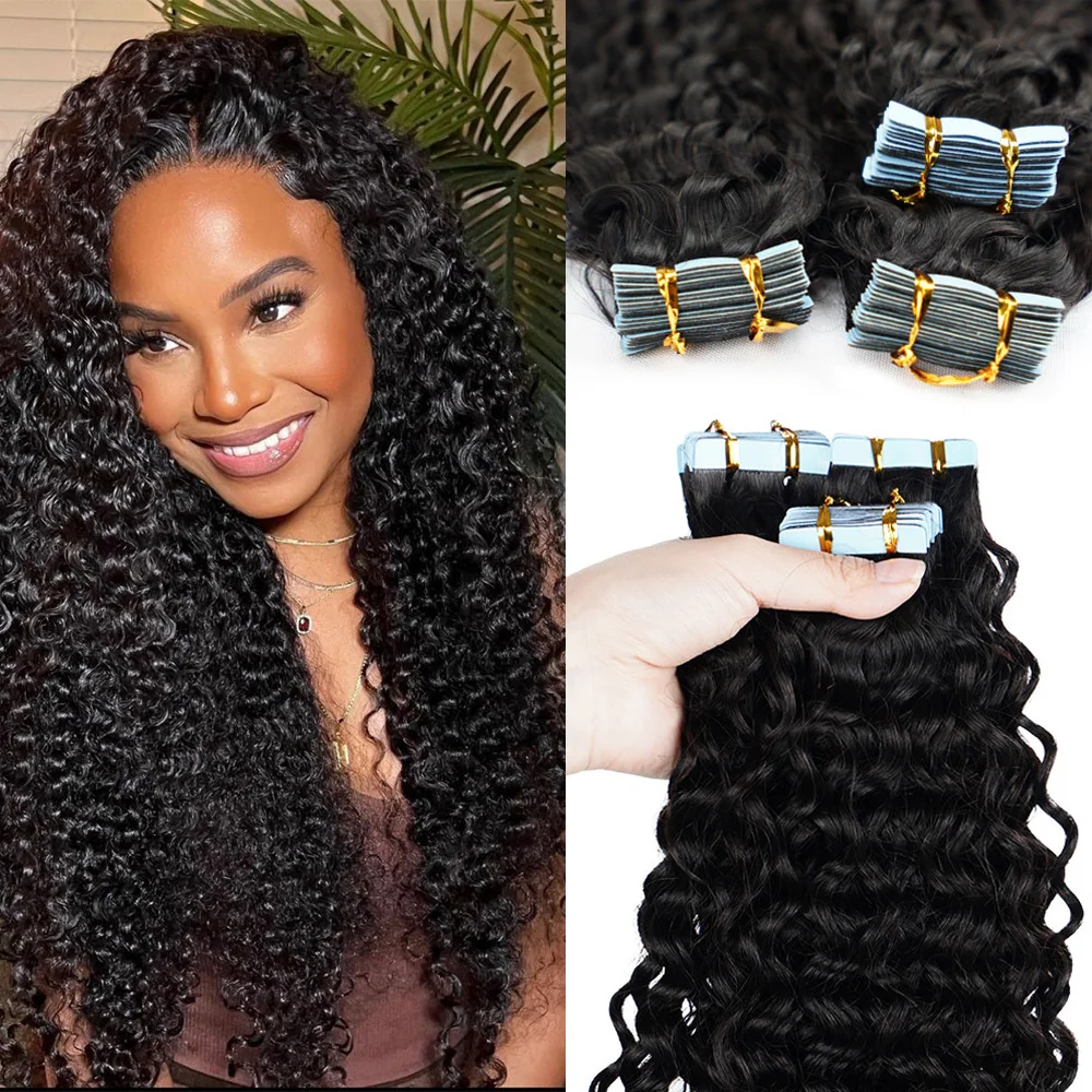 

Veravicky Deep wave Kinky Curly Tape In Hair Extensions Human Hair Curly Wave Hair 14-24 Real Remy Hair Skin Weft Thick Bundles