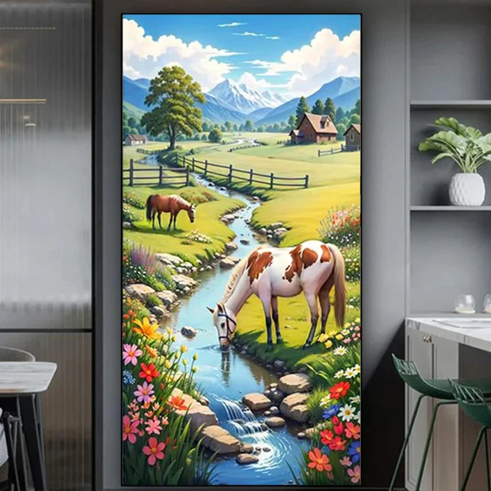 Diamond Painting Scenery Horse Flower 5D DIY Diamond Embroidery Grassland, creek Full Square/round Rhinestone Of Picture decor