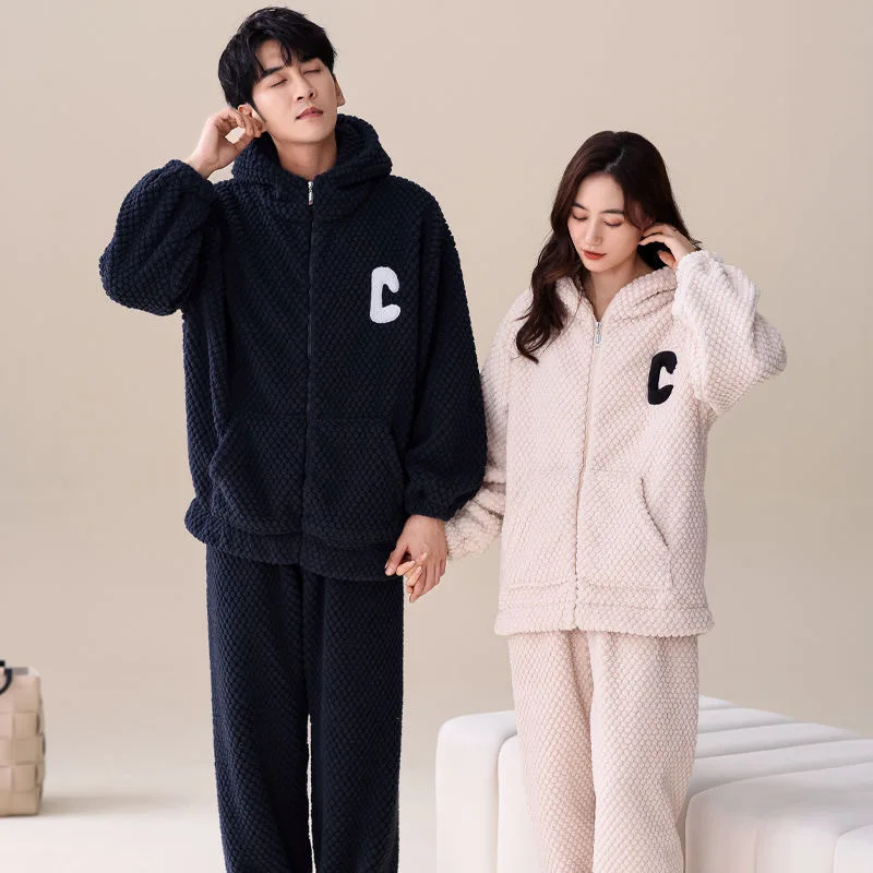 High-grade Hooded Pajamas Velvet and Thick Zipper Casual Wear Home Suit Set Cosy Thermal Pajamas Both Men Women Autumn Winter