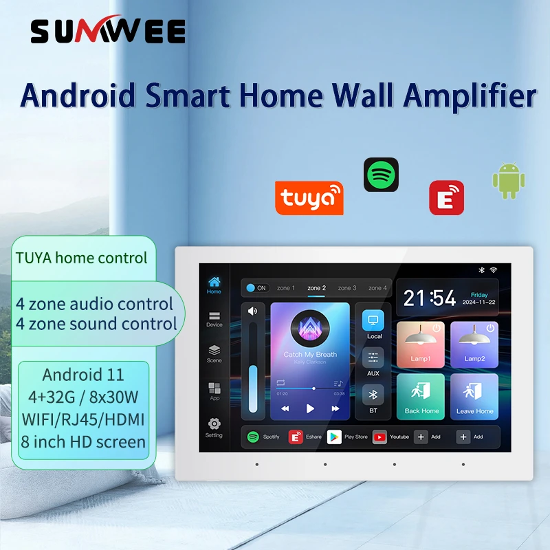 Android 11 system 4 zone audio in wall amplifier 4+32G touch screen bluetooths sound music player TUYA Smart home controls panel