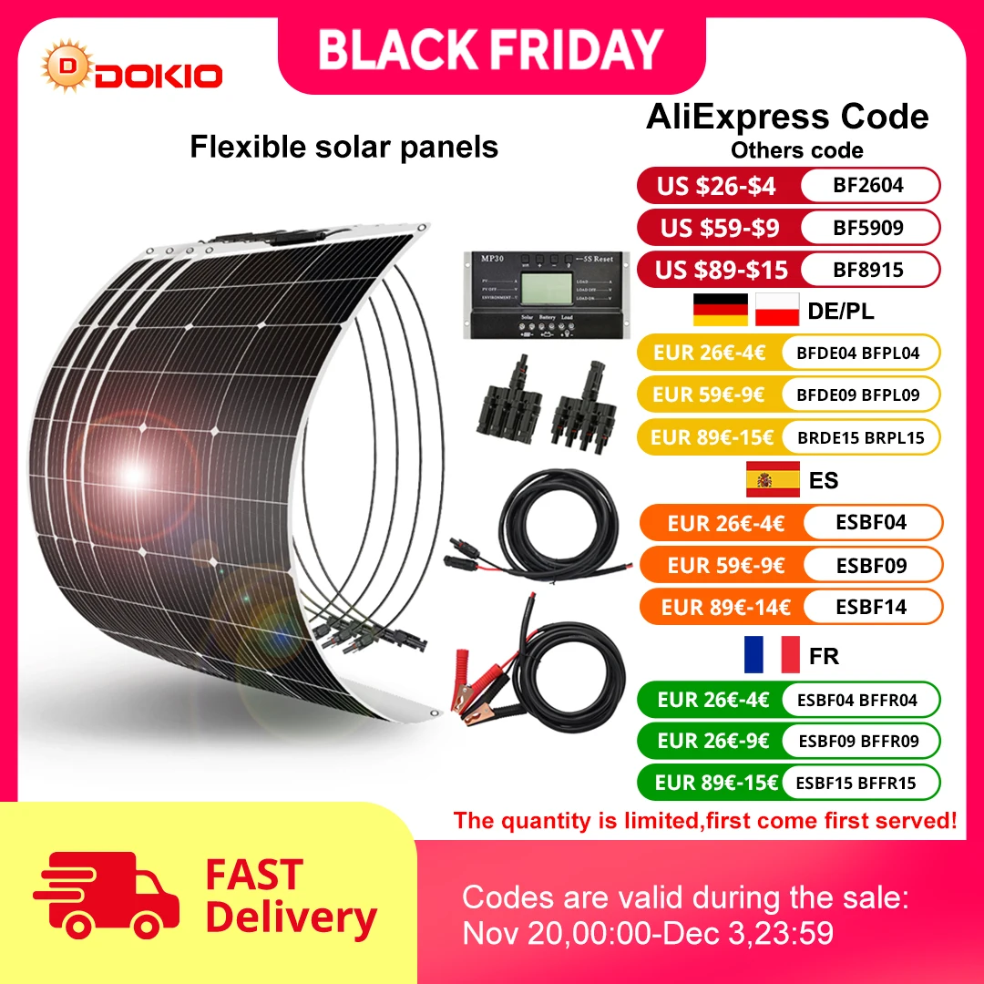 

DOKIO 100Wset 200Wset 400Wset 18V flexible solar panel waterproof monocrystalline camping 12V battery charging