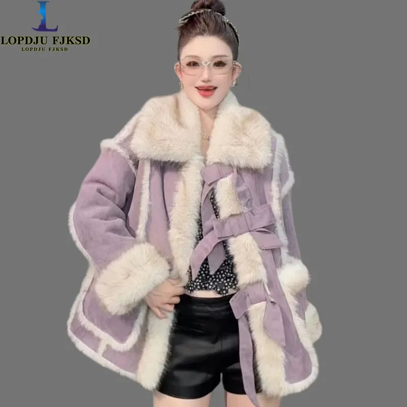 Faux Fur Coat for Women,Covered Button Jacket,Turn-down Collar Outwear,Spliced,Lace-Up,Autumn and Winter,2025
