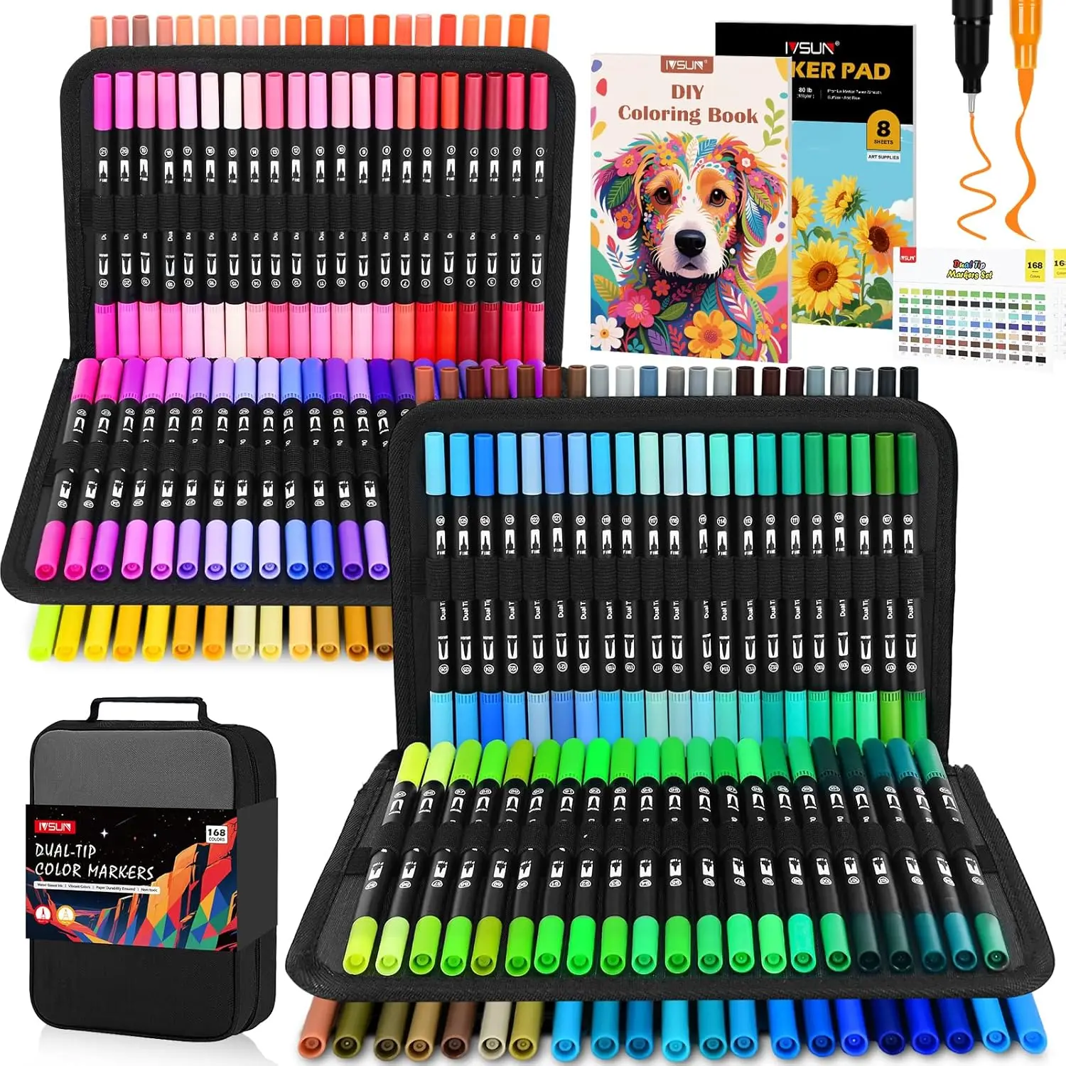 

168-Color Dual Brush Marker Set with Fine & Brush Tips for Adult Coloring, Journaling, Drawing, Note-Taking, and Art Supplies