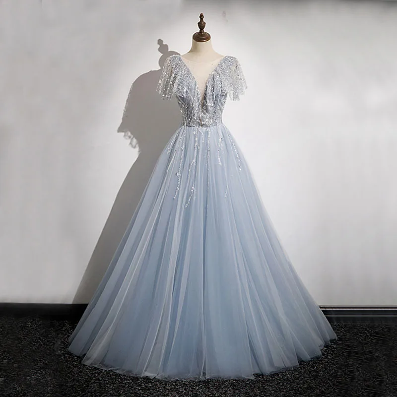 DongCMY Gray-blue Evening Dress 2026 New Advanced Piano Performance French High-end Dress Elegant Party Dresses For Women