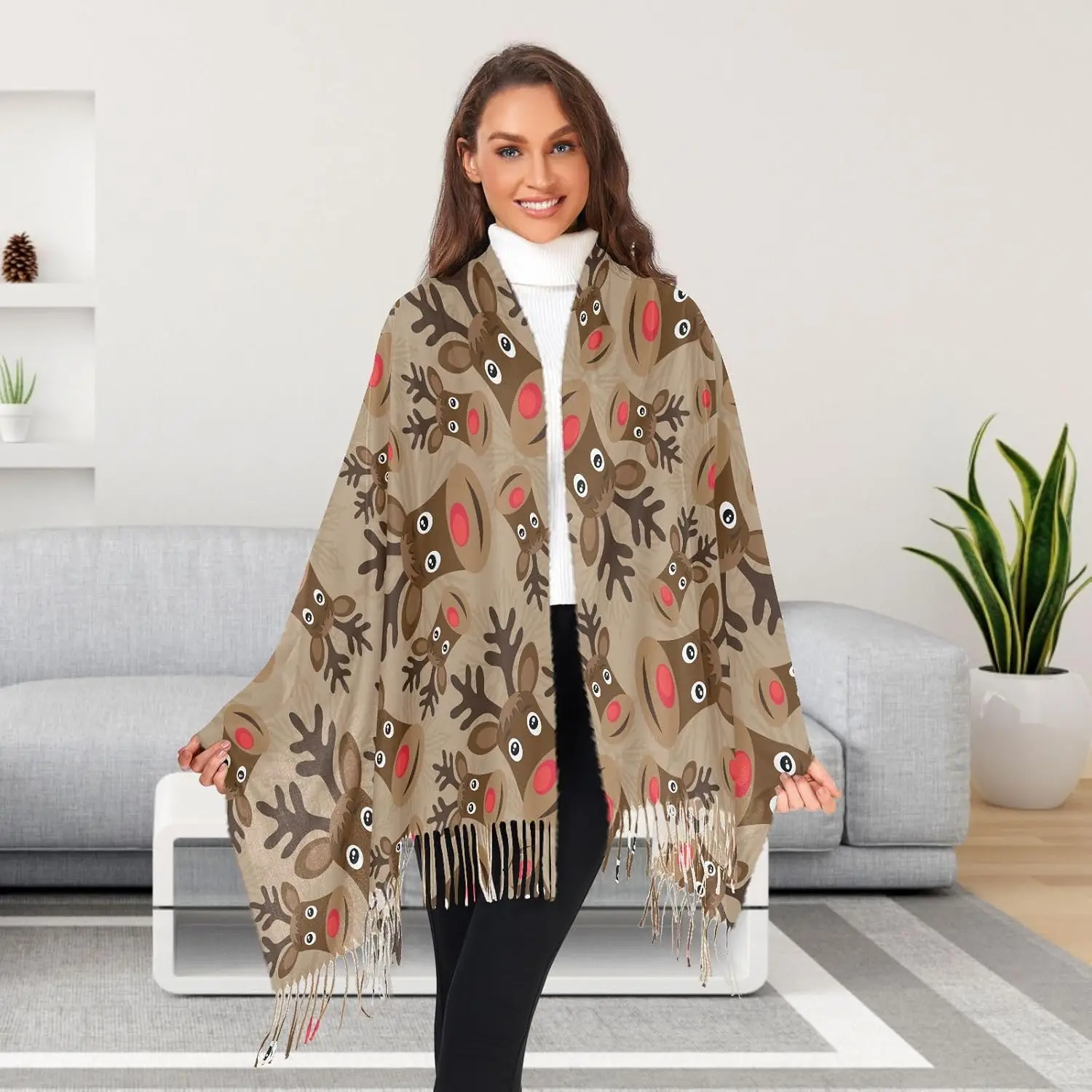 

Women's Christmas Deer Scarf Pashmina Feel Shawls Wraps Fall Winter Warm Large Scarves Fashion Tassel Long Scarf