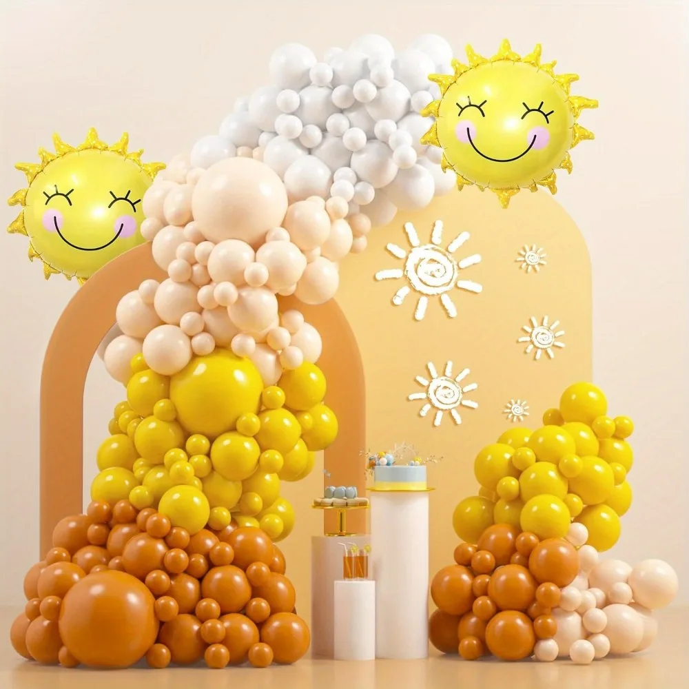 136pcs Retro Nude Orange Yellow Balloon Set Sunshine Theme Birthday, Brilliant Party, Anniversary Party, Wedding Decoration
