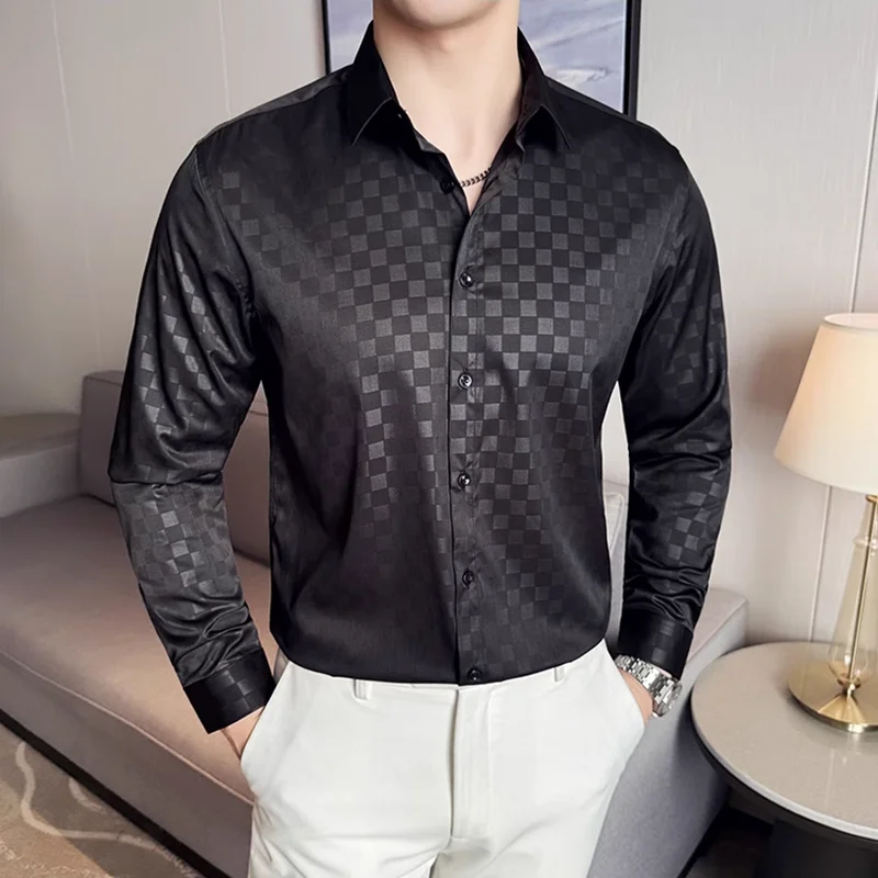 British Style Luxury Plaid Shirt 2025 Spring New Men's Long Sleeved Slim Fit Business Social Shirts Fashion Wedding Tuxedo 4XL-M