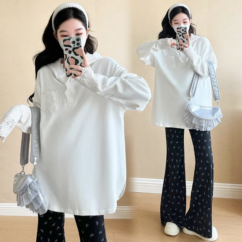 Conjunto de maternidad a la moda primavera otoño nuevo elegante Sudadera con capucha de encaje de manga larga y pantalones casuales traje de dos piezas