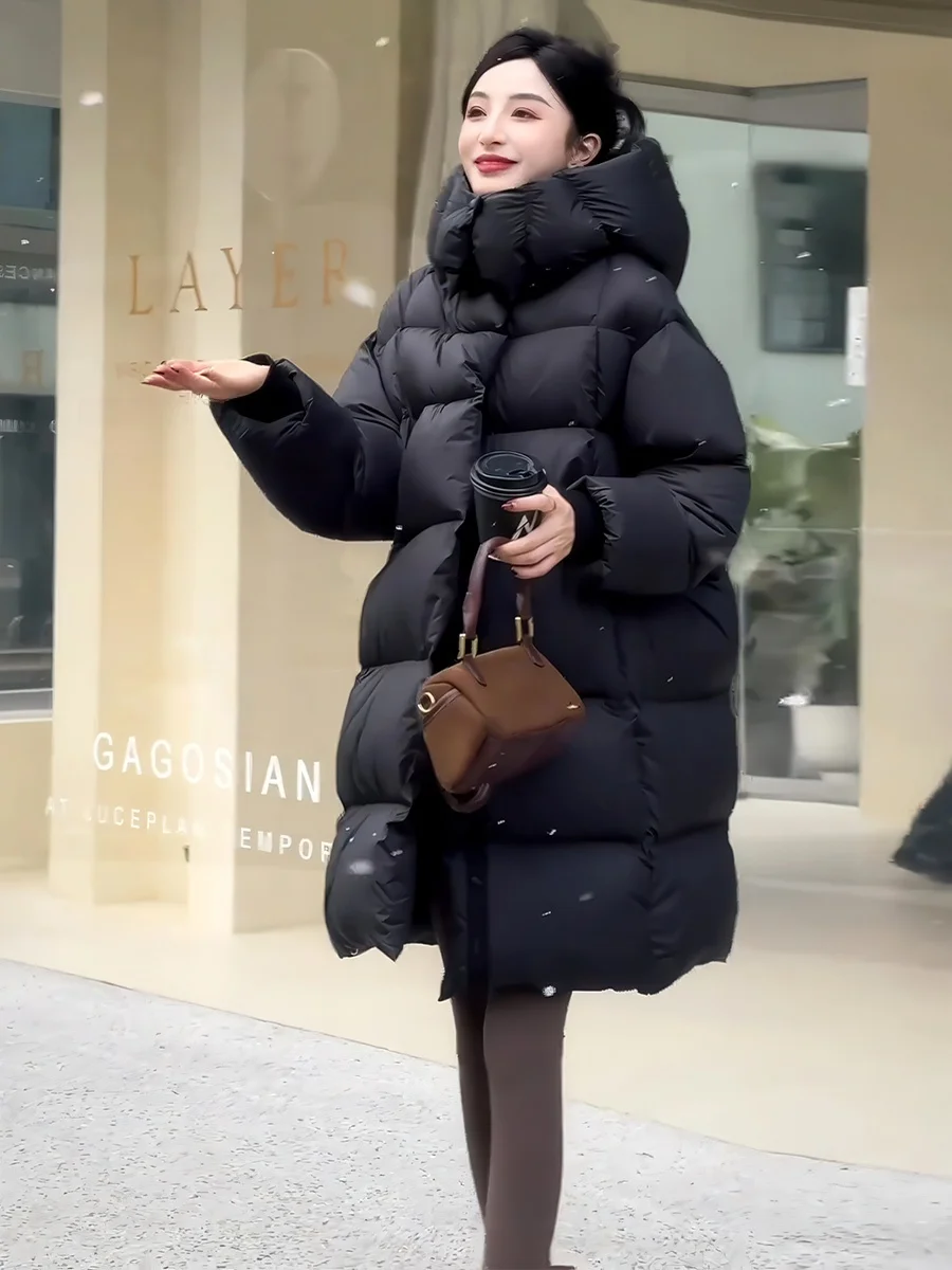 

Bla Hooded Mid-Length Du down Jaet Women's Winter Thiened Loose Warm 90% White Du Feather Puff Coat Casual Sle