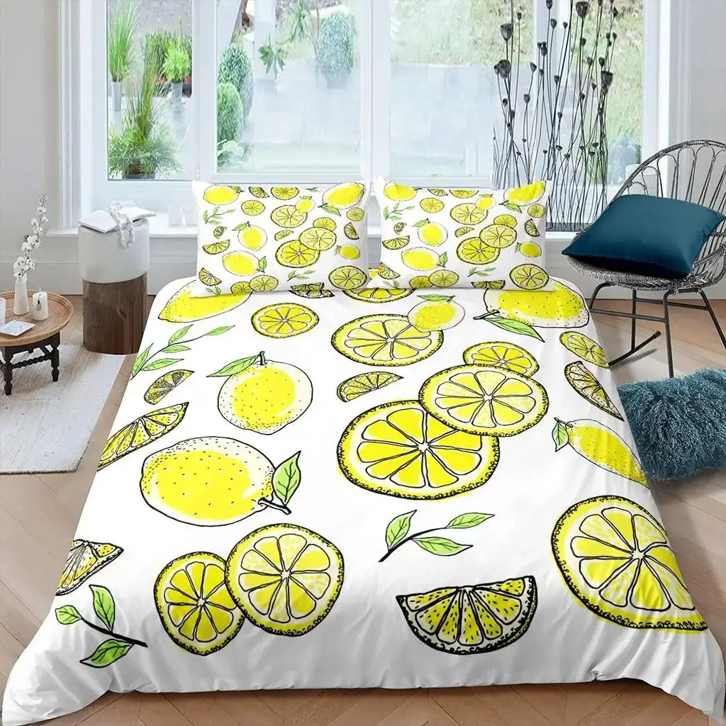 Kawaii Lemon Duvet Cover Twin Queen Cartoon Fruit Comforter Cover Natural Botanical Leaves Bedding Set for Boys Girls Room Dorm