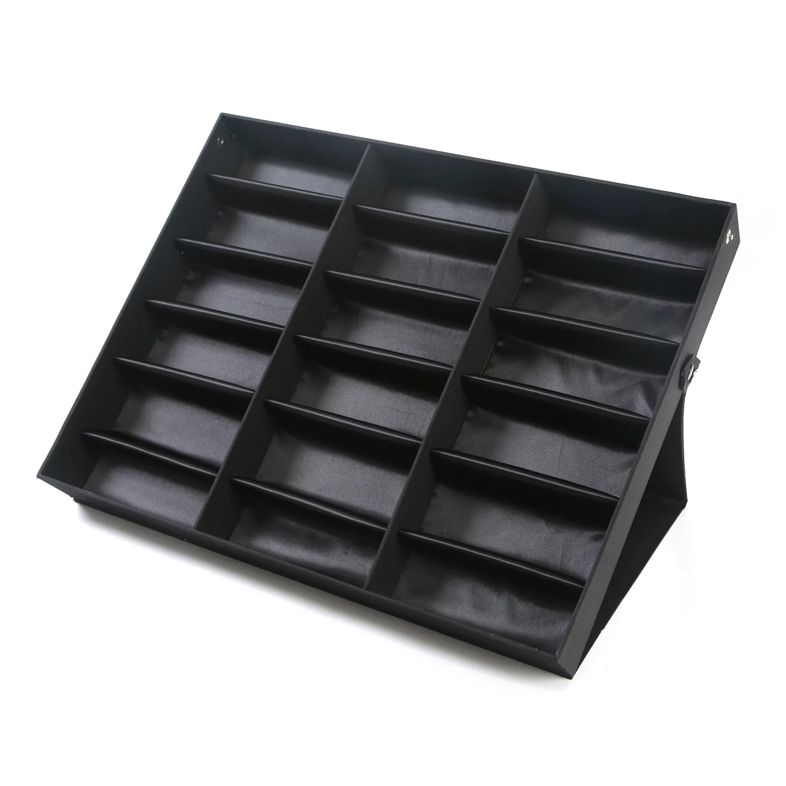 18-Slot Black Sunglasses Organizer With Flip-and-Fold Dustproof Lid 18.7x14.7x2.2in 2.76Lbs Light Tabletop Eyewear Watch Storage Tray Multi Purpose Display Rack For Household Dresser Optical Shop Sunglasses Watches Arrangement Accessory
