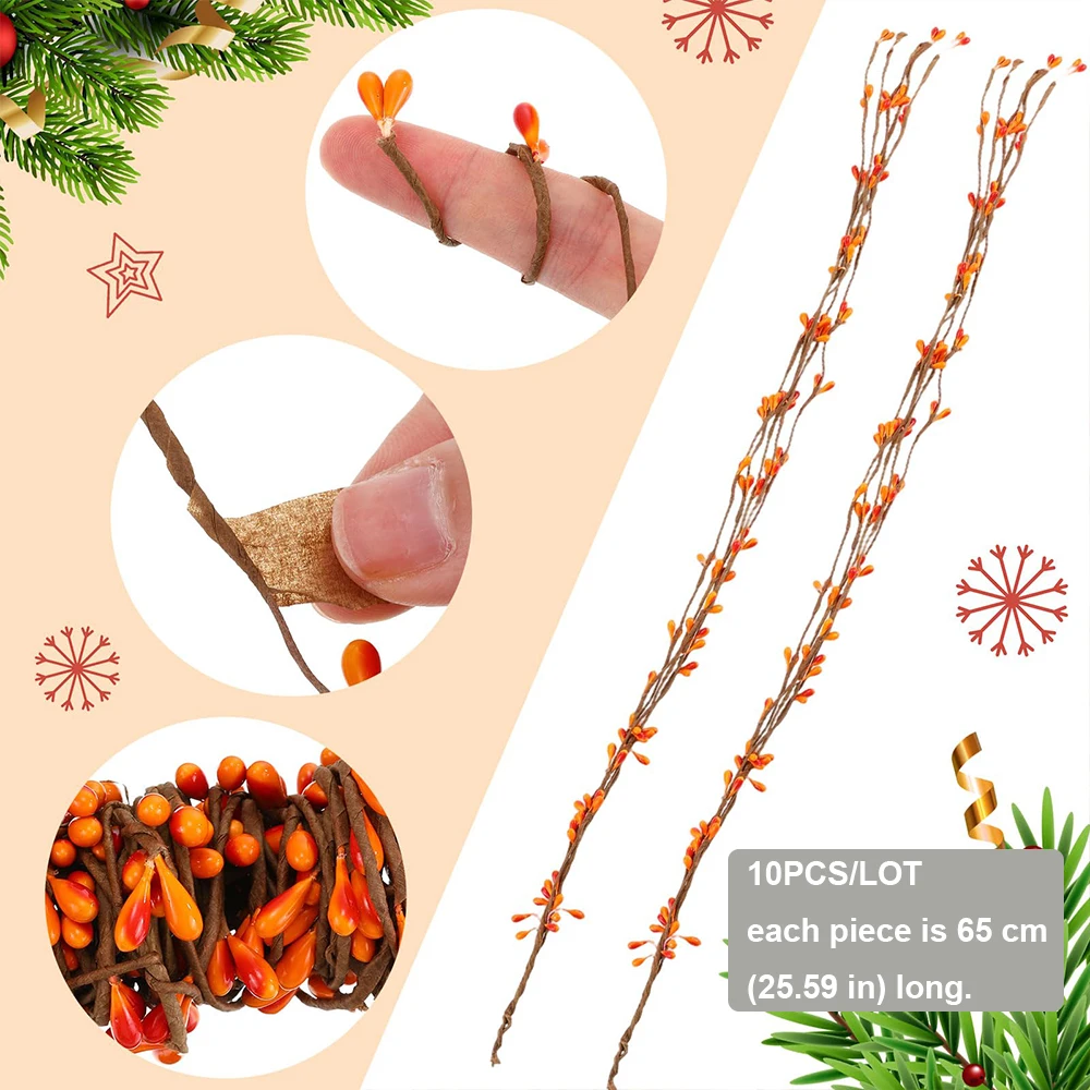 Orange Artificial Berry Picks Stems 2 Rolls 40 Feet DIY For Garland Floral Crafts Thanksgiving Fall Christmas Country Decoration