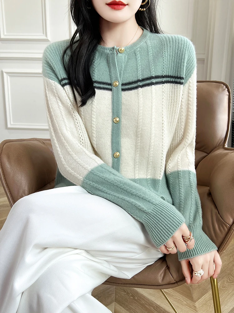 Color blocking round neck 100% wool autumn and winter new style elegant knitted cardigan small fragrant style versatile top