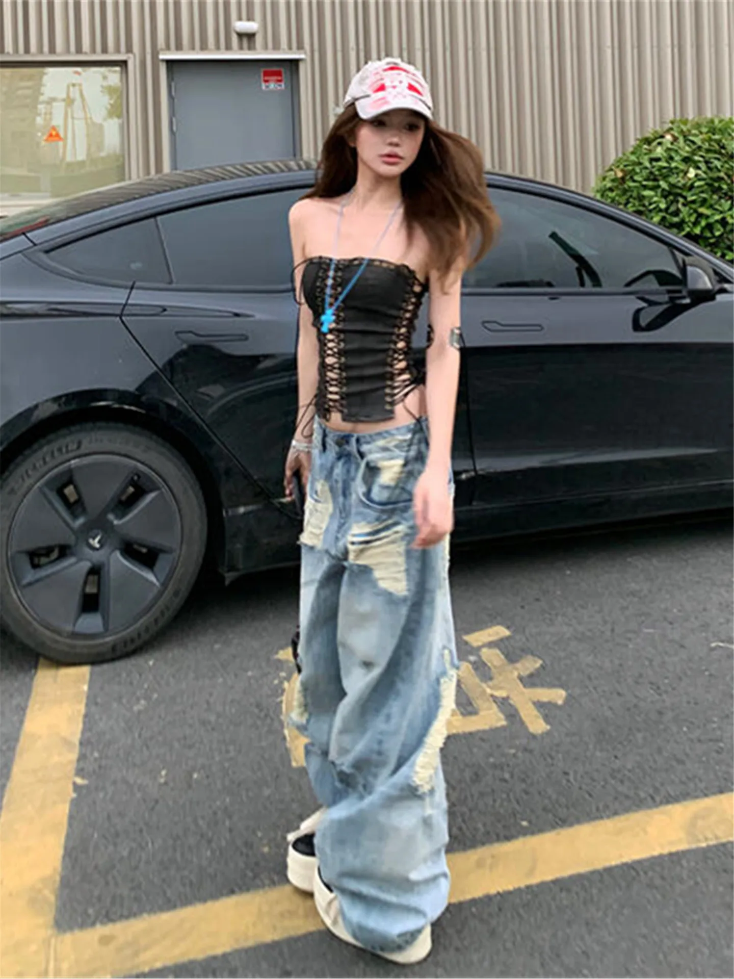 

Женские летние тонкие джинсы с низкой талией и широкими штанинами, свободные, струящиеся, в американском уличном стиле, с дырками, для дерзких девушек