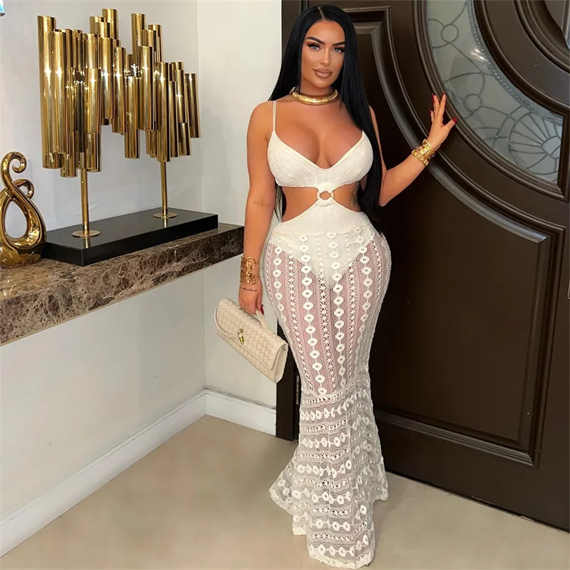2025 sommer Frauen Spaghetti Strap V-ausschnitt Bodycon Sexy Weiße Spitze Party Kleider Perspektive Schlank Cut Out Nachtclub Langes Kleid