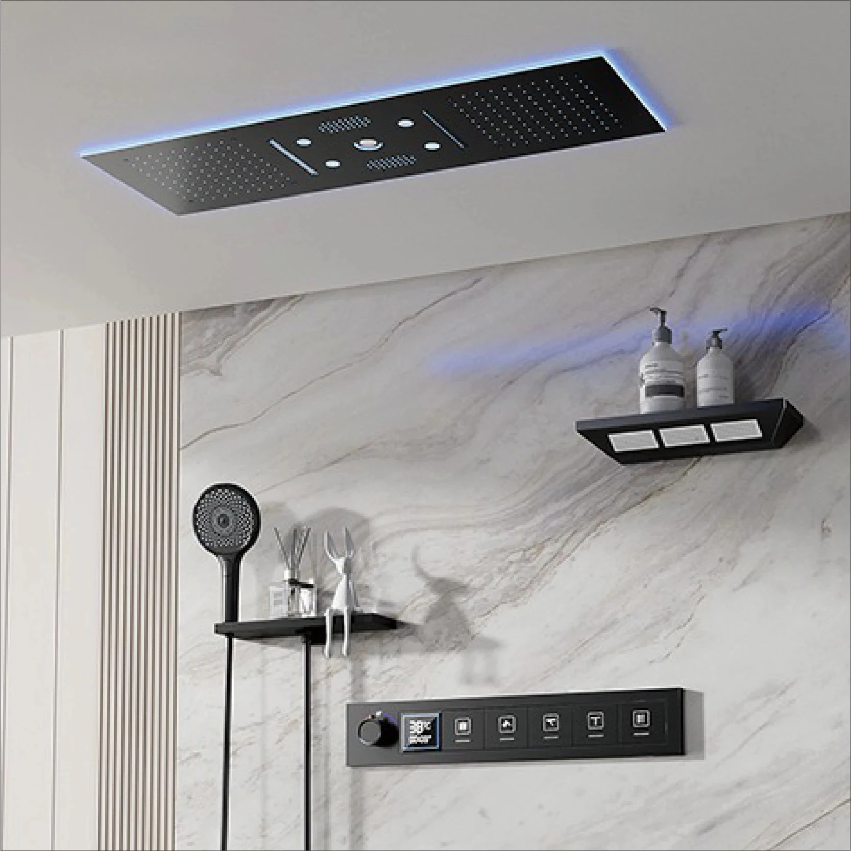 Luxury Brass Gunmetal LED Display Thermostatic Shower System Bathroom Ceiling embedded concealed giant curtain Rainfall