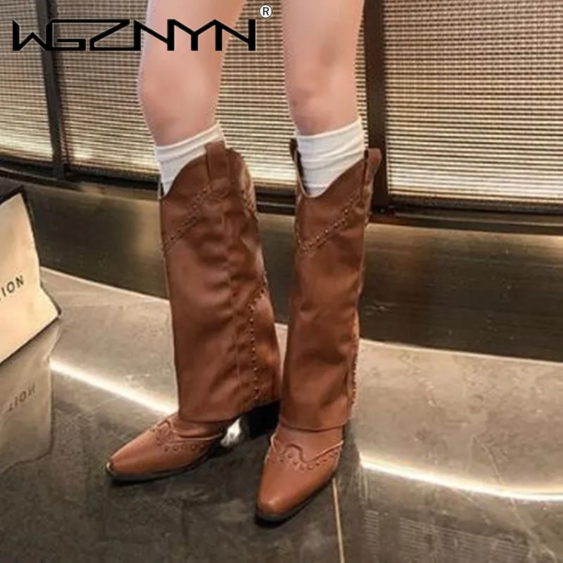 Women 2025 Square Heel Cowboy Western Short Leather Knee High Luxury Designer Gothic Punk New Rock Shoes Vintage Studded Boots