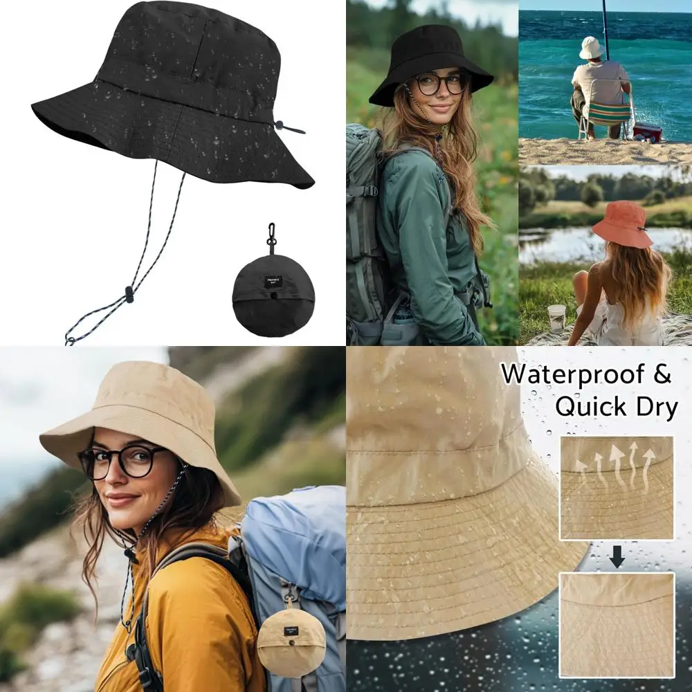 

PFFY Quick Dry Waterproof Packable Bucket Hat for Women Men Outdoor Sun Hats with Detachable Chin Strap