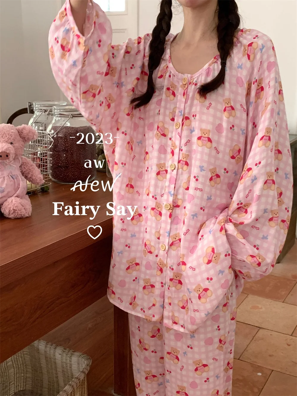 

Cute Cartoon Bear Plaid Cotton Nightgown Button up Loose Home Clothes Set Spring Summer New Arrival Sweet Style Long Sleeve