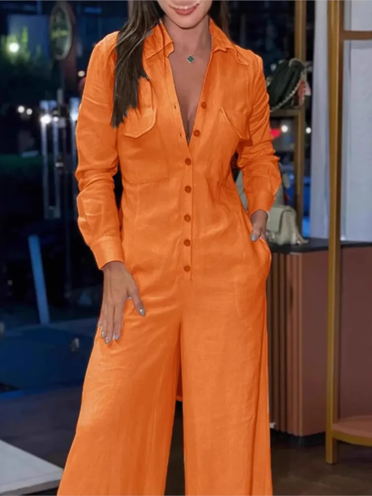 Women Solid Pocket Jumpsuit Autumn Fashion Deep V-neck Long Sleeve Single Breasted Button Nipped Waist Wide Legs Long Jumpsuit