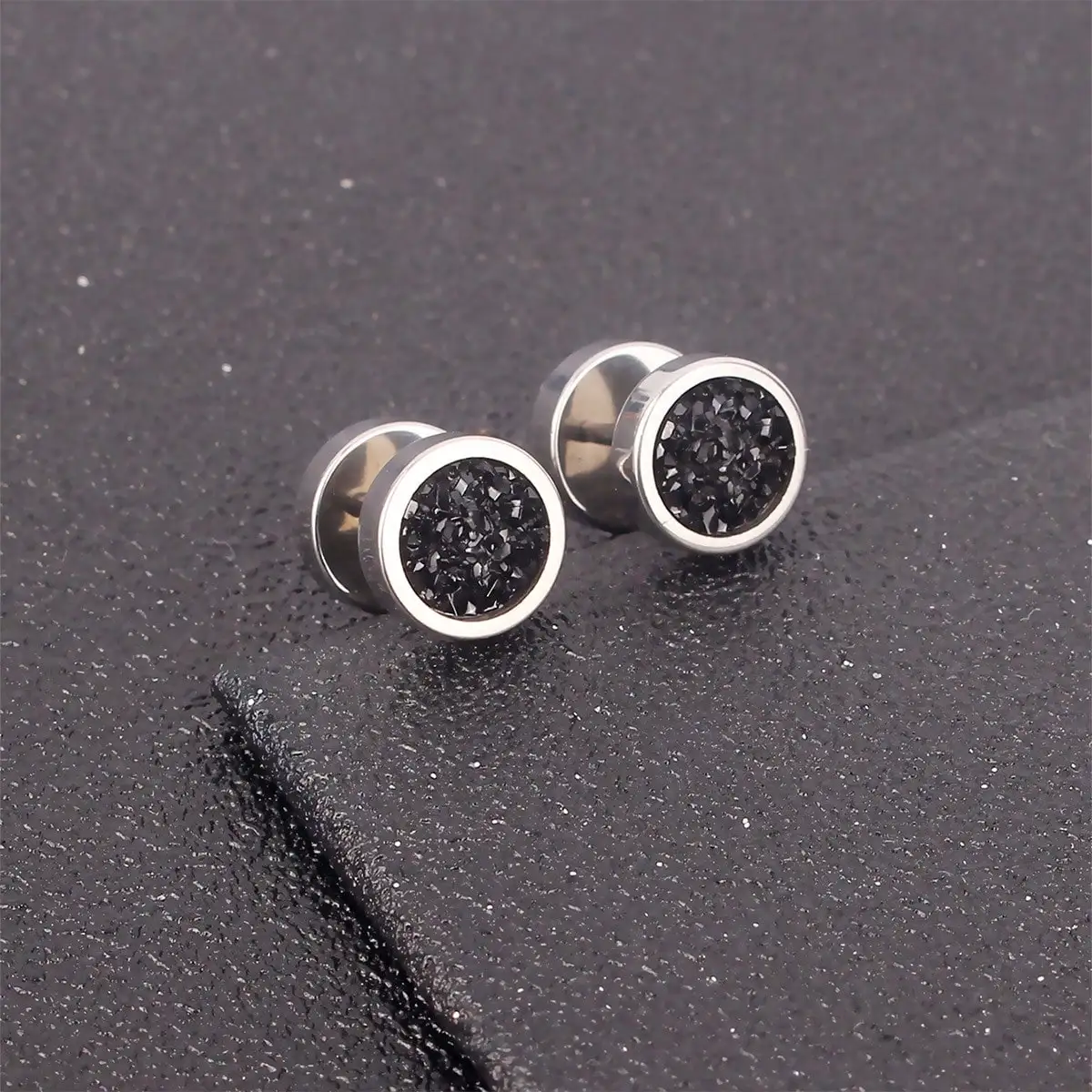 1pair Fashionable Dumbbell Mineral Stone Stainless Steel Stud Earrings For Women And Men, Black Punk Style