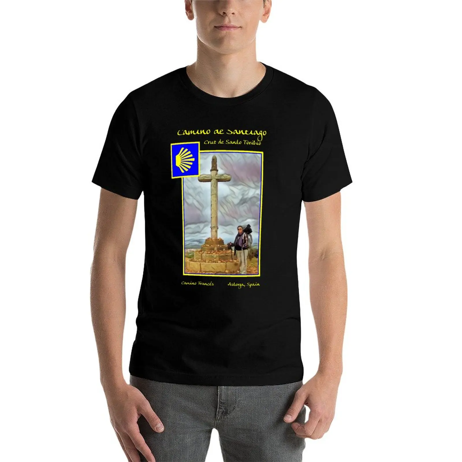

Camino Francés - Peregrina at the Cruz de Santo Toribio T-Shirt man t shirt cotton high quality t shirt man luxury T-Shirt