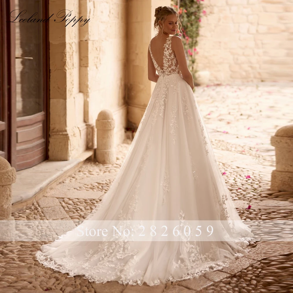 Lceland Poppy Customized A Line V Neck Lace Wedding Dresses Illusion Sleeveless Bridal Gowns with Court Train