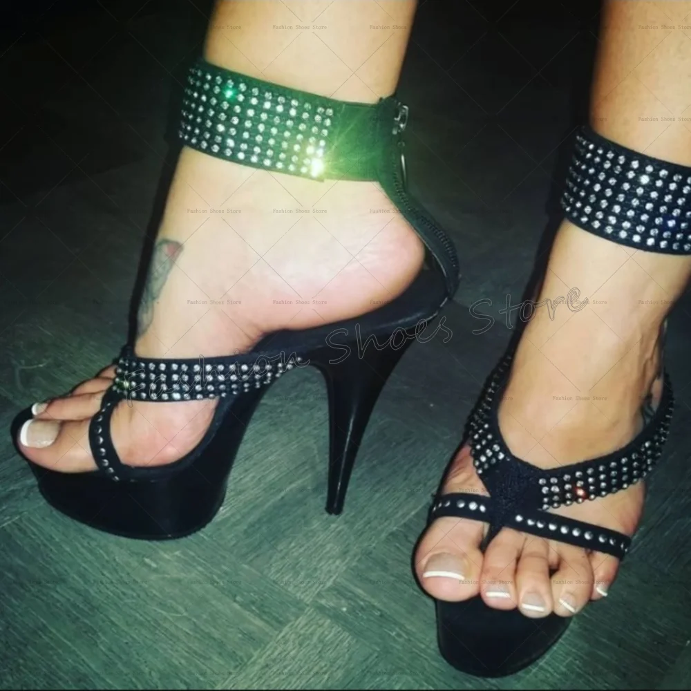 Black Toe Clip Crystal Platform Sandals Back Zipper Thin High Heels High Heel Shoes for Women Heels 2025 New Zapatos Para Mujere