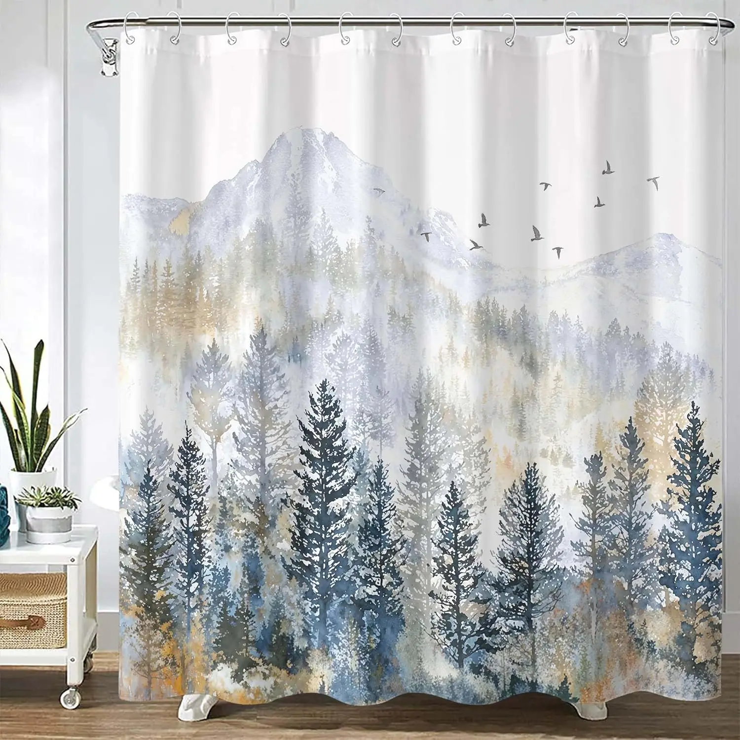 

Watercolor Mountain Shower Curtain Nature Landscape Shower Curtains for Bathroom Classy Shower Curtain Set with 12 Hooks