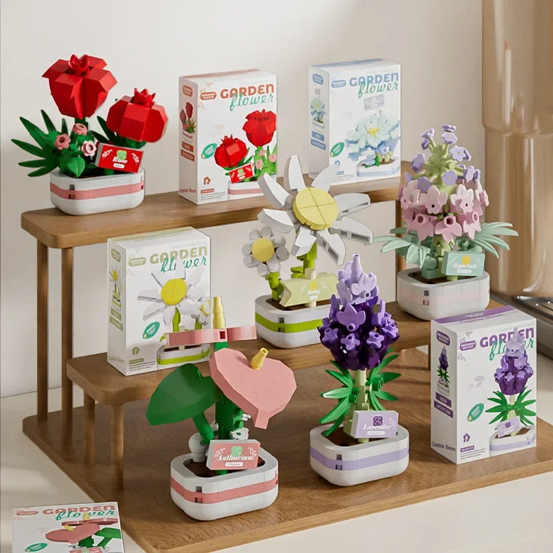 Building Blocks Flower Toy Potted Plant Eternal Flower Desktop Decor Ornament Assembly Block Children Birthday Holiday Gifts