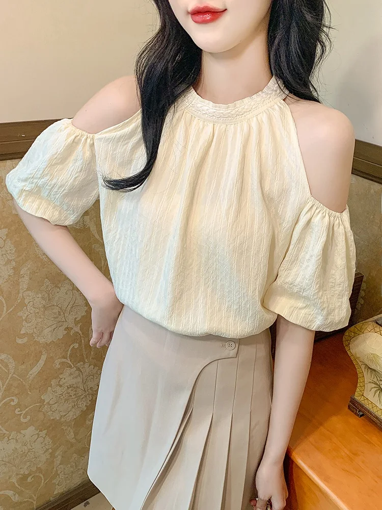 

Шикарный женский летний модный топ из шифона с открытыми плечами, короткими рукавами-фонариками и декоративными элементами