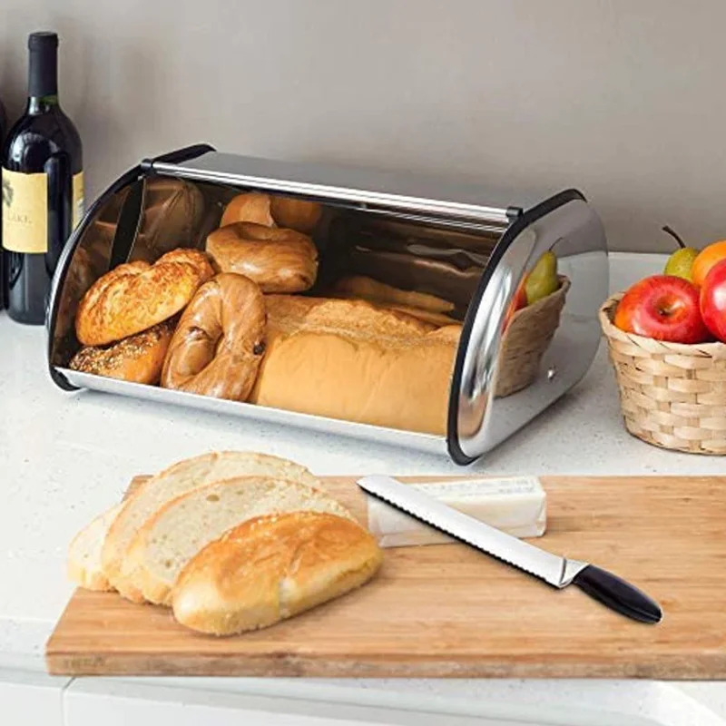 Metal Bread Box with Hinged Sliding Lid Desktop Pastry Storage Box Steel Container Pastry Container Storage Bread Sealed Tissue