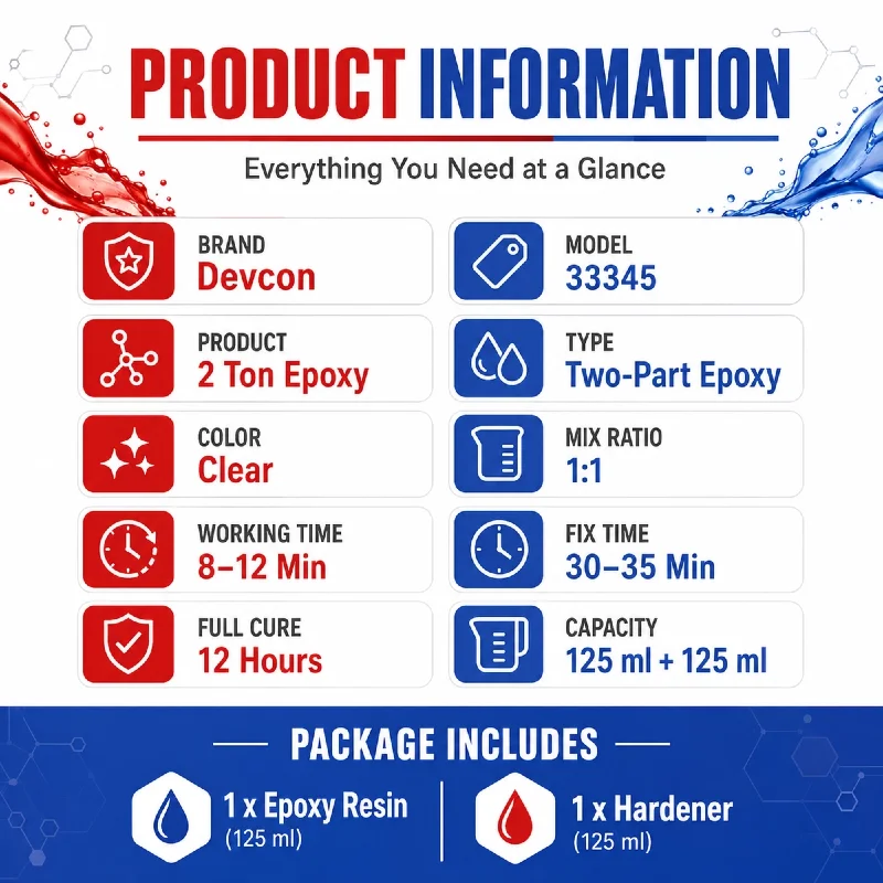 Devcon 33345 2 Ton Clear Epoxy Adhesive Two Part Resin Hardener 1:1 Mix Waterproof Repair Glue for Metal Wood Glass Ceramic