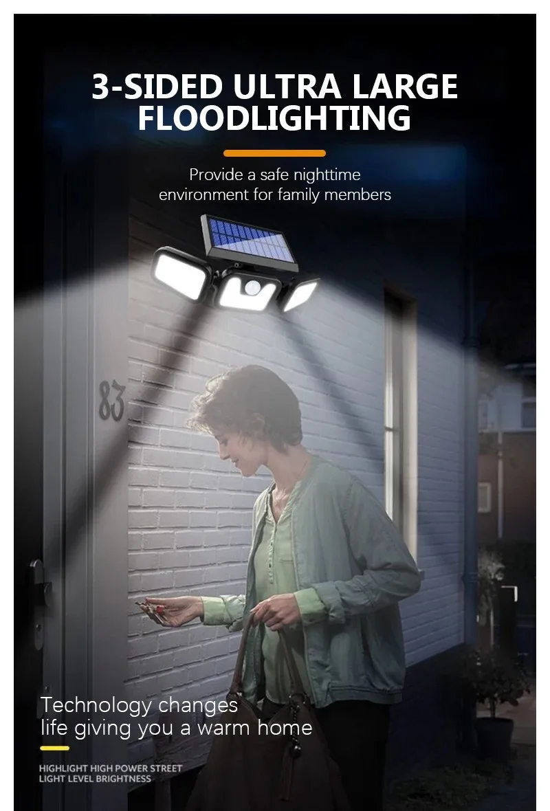 LED solar outdoor wall lamp has IP65 classification of waterproof. The wall lamp can rotate freely and has human body sensor.
