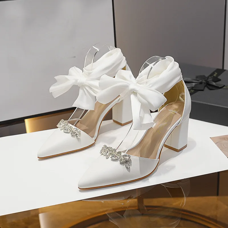 Chunky Heel Pointed Toe Hollow Out Rhinestone Bow Strap Wedding Bridal Party Shoes