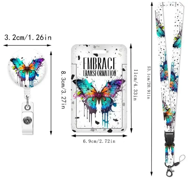 Retractable Lanyard with Card Holder Butterfly Print Card Protectors 