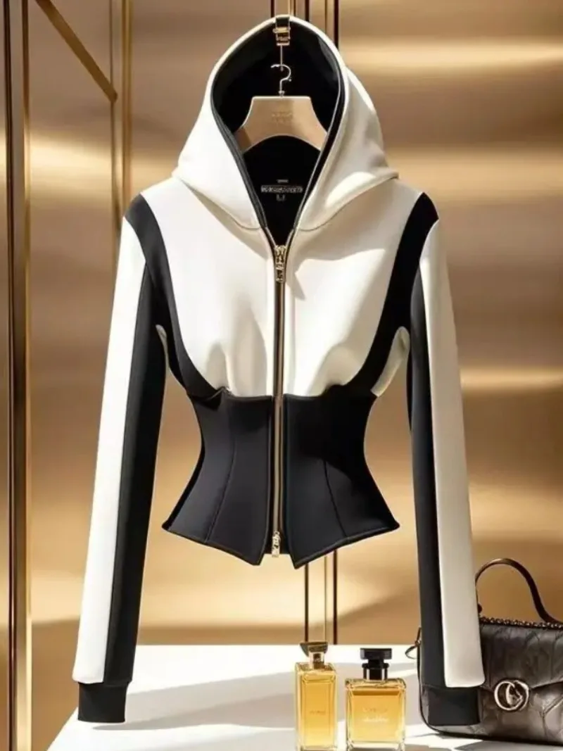 French Elegance White Black Patchwork Hooded Sweatshirt Women Jacket Waist 2025 Casual Office Lady High End Crop Top Zipper Coat