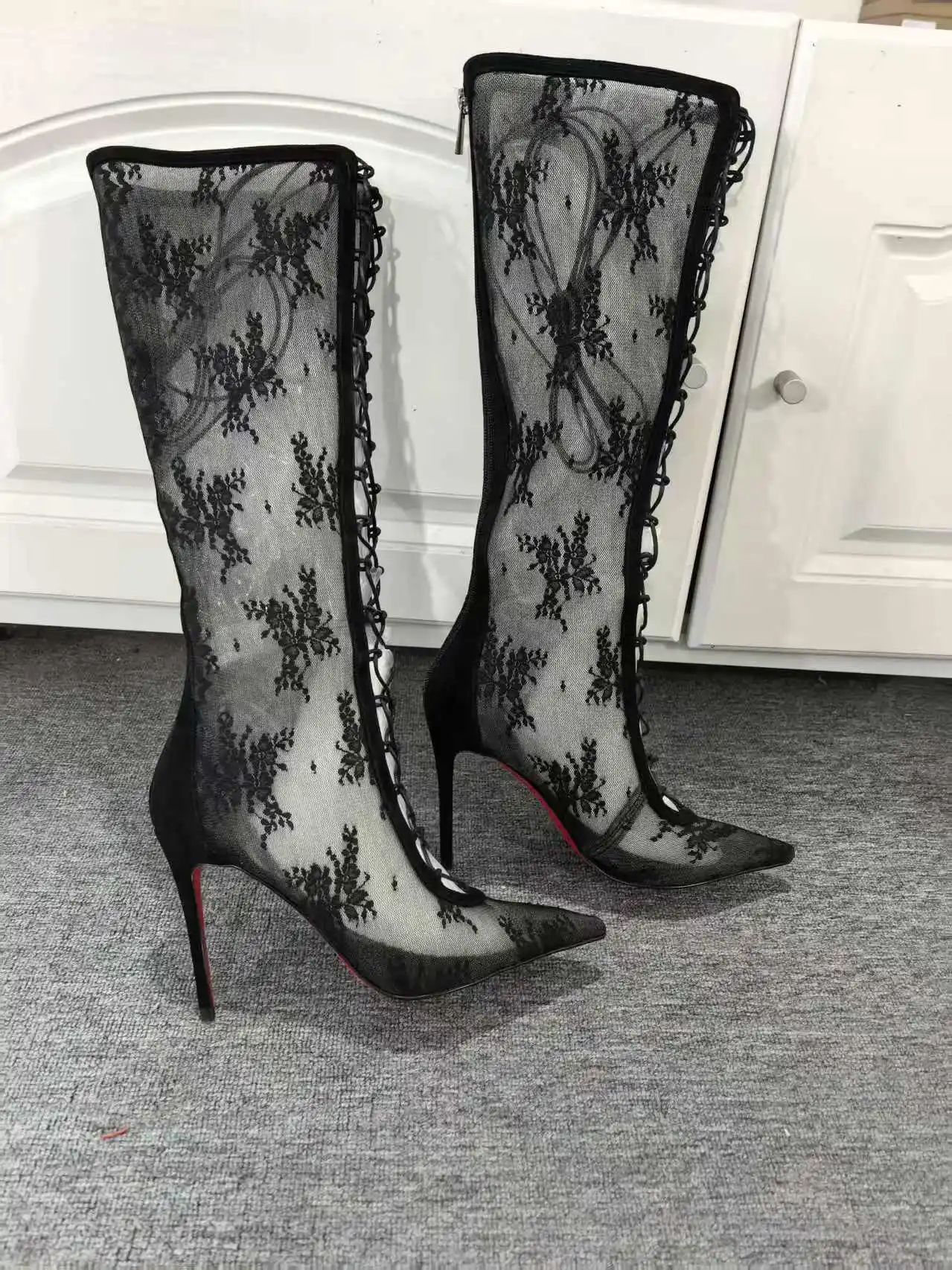 

Sexy Style Black Pointed Toe Knee-High Embroidery Mesh Women Boots Stiletto High Heels Lace Up Design Large Size Shoes