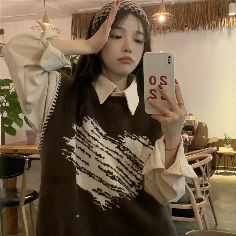 

Heart Print Sweaters Sleeveless Navy Knitted Women Vests Y2k Contrast Color Korean Loose Pullovers Vintage Preppy Style