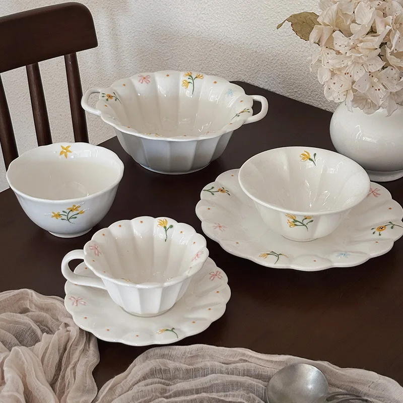 

Элегантная керамическая чаша с двойной ручкой, красивая посуда для домашней кухни