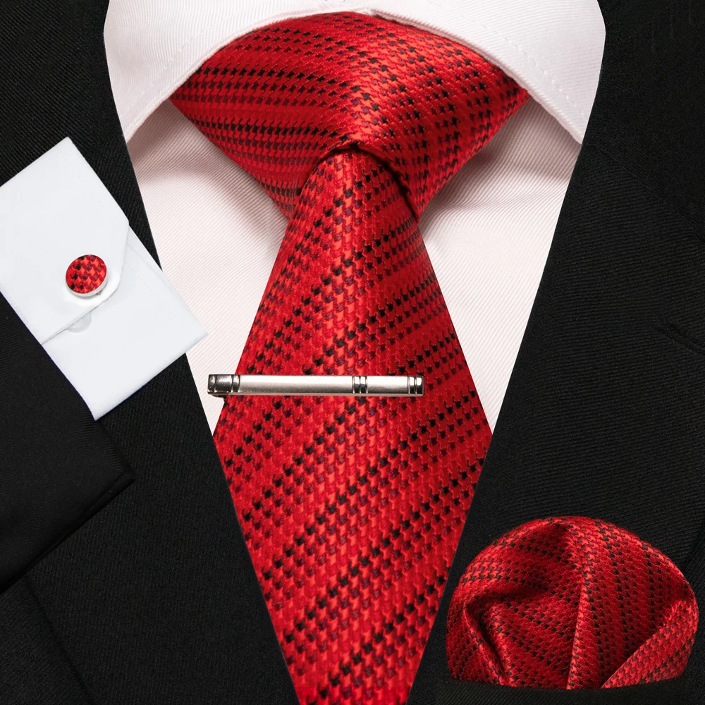 KAMBERFT Neue Klassische Seidenkrawatte für Herren Rot-Gold Gestreift Herrenkrawatte Taschentuch Manschettenknöpfe Set Hochzeit Business Party Gravatas – Detail 23