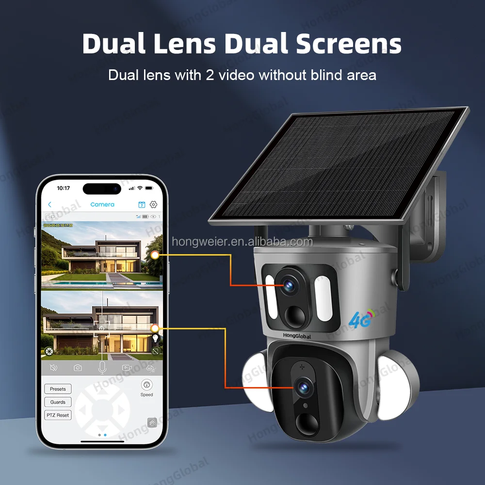 HongGlobal 8MP PTZ CCTV Solar Energy Wireless Surveil Light Camera Ubox Dual Lens 4G Outdoor Security 4G Sim Card Solar Camera