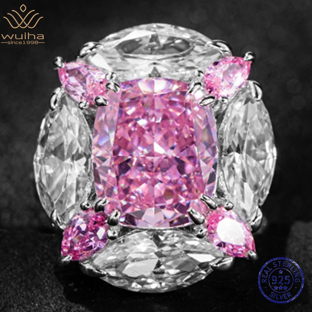 

WUIHA Real 925 Sterling Silver Cushion Cut 7CT Pink Sapphire Created Moissanite Diamonds Cocktail Ring for Women Gifts Wholesale