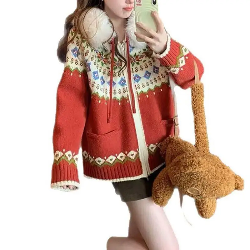 เสื้อคลุมคาร์ดิแกนสั้นสำหรับผู้หญิง ลายแฟร์ไอส์ แบบมีฮู้ด ถักนิตติ้ง สำหรับฤดูใบไม้ร่วงและฤดูหนาว สไตล์หลวมๆ สบายๆ สำหรับผู้หญิง เสื้อถักนิตติ้งลำลอง