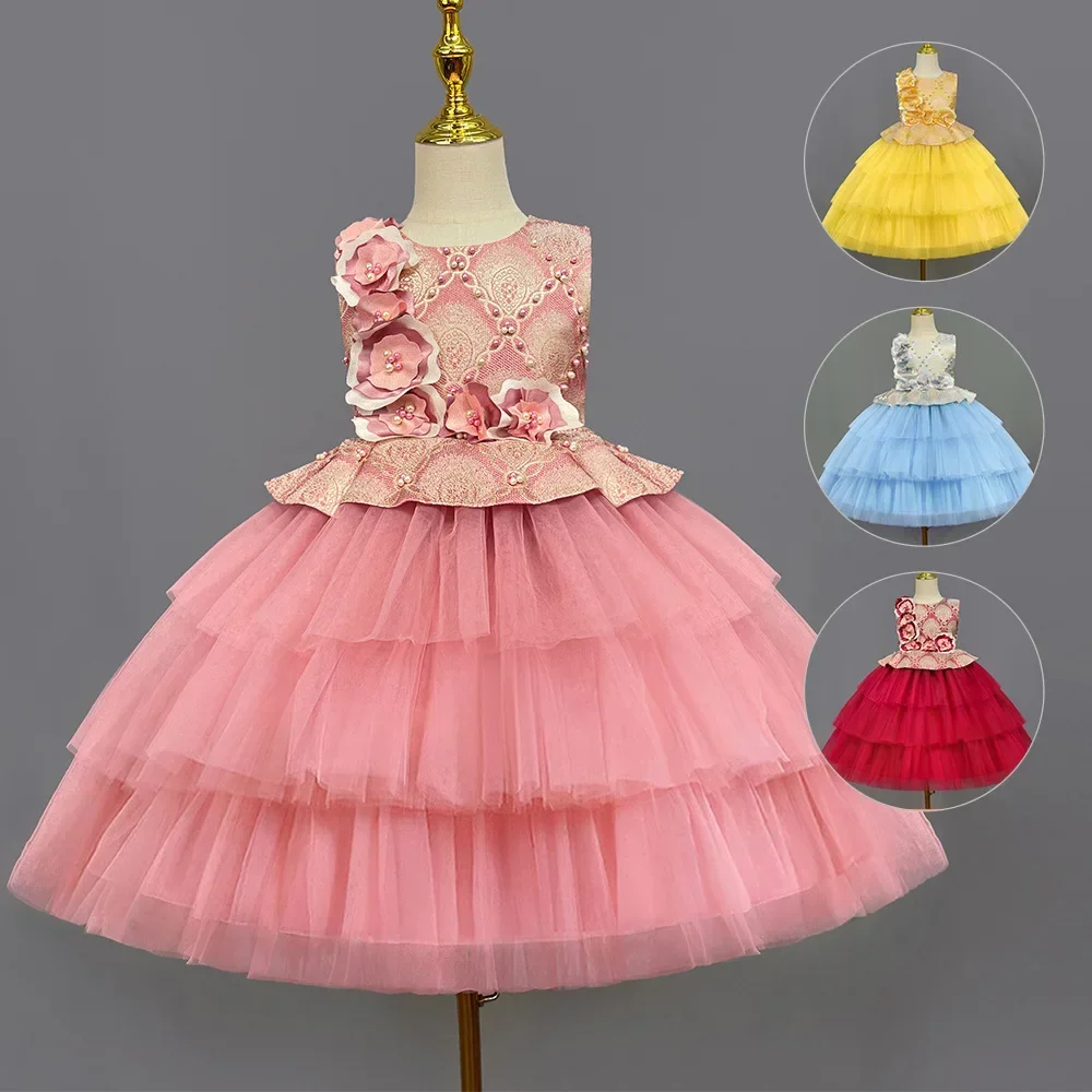 Children's princess  new floral girl fluffy cake little girl hosting piano performance dress