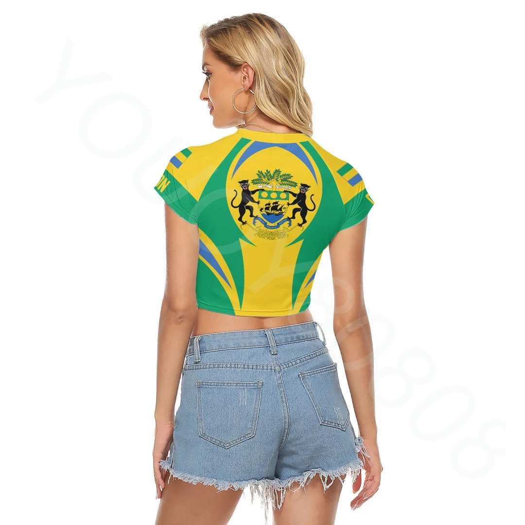 2023 Africa Zone Apparel Women's Summer Crew Neck Print Short Sleeve Gabon Row Action Flag Women's Raglan Cropped T-Shirt